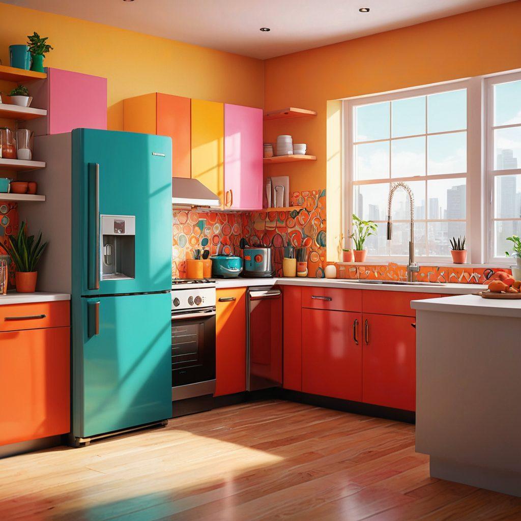 A whimsical fusion of playful adult animation characters engaging with sleek, modern appliances, set in a vibrant kitchen environment. The characters should embody sensuality yet exude a sense of functionality, perhaps playfully interacting with items like blender or a washing machine. The background is lively and colorful, featuring abstract shapes and designs that reflect innovation and creativity. The overall style is a blend of cartoonish and sleek modern aesthetics, emphasizing both fun and functionality. colorful vector art. playful and vibrant.