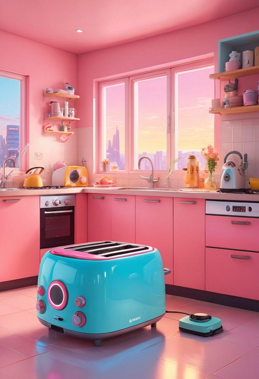 A whimsical scene blending anime characters with household appliances, such as a kawaii toaster and a playful vacuum cleaner. The background features a futuristic kitchen setting illuminated with soft neon lights, creating a dreamlike atmosphere. Include subtle references to adult entertainment, like playful poses and flirtatious expressions among the characters. The colors should be vibrant and inviting, enhancing the playful nature of the illustration. digital art. vibrant colors. anime style.